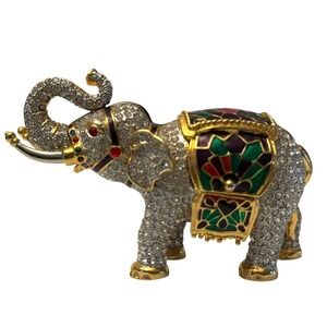 Vintage DZ Crystal Elephant Trinket Box Enamel Gold Tone Rhinestone Figurine